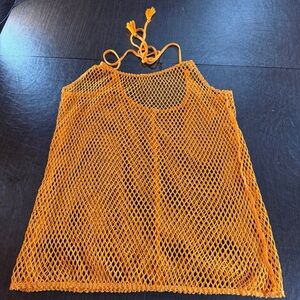Neon Orange Fish Net Mesh Tank Top with Neck Ties